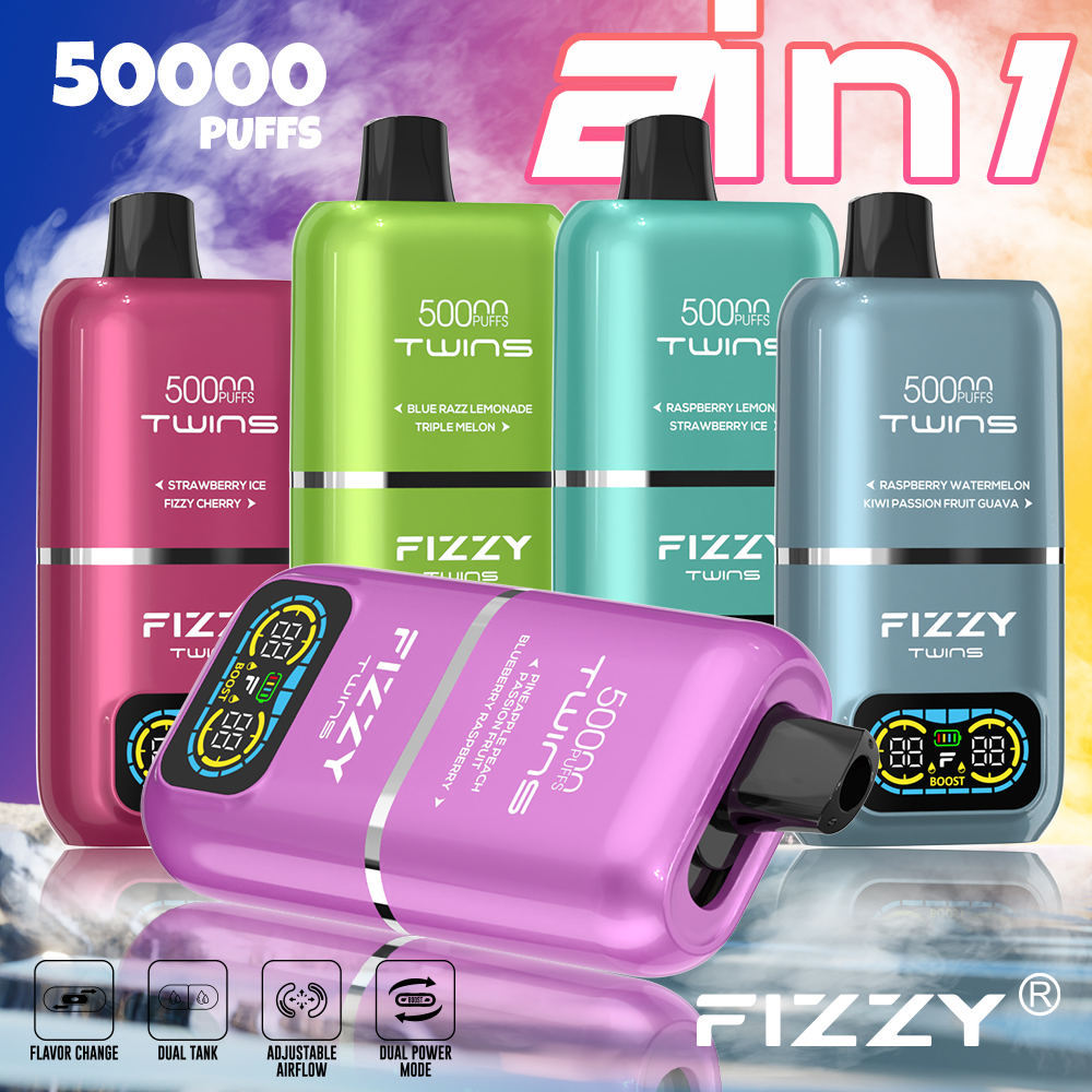 vapeablenexus.com FIZZY TWINS 50K(50000) Puffs Dual flavors 50ML of e-liquid mesh coil 850mAh battery 2%/5% nicotine LCD Screen Disposable Vape