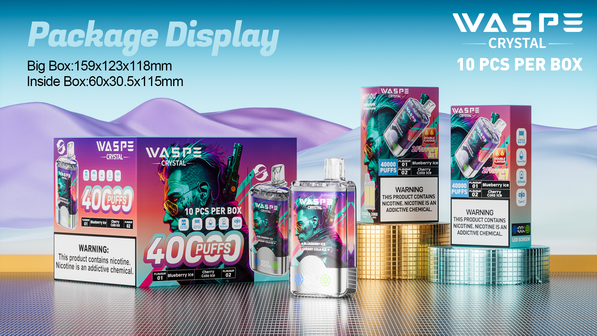 vapeablenexus.com WASPE Crystal Double Flavors 40K(40000) Puffs 32mL e-liquid 0% 2% or 5% Nicotine Smart LED Display Type-C charging Disposable Vape